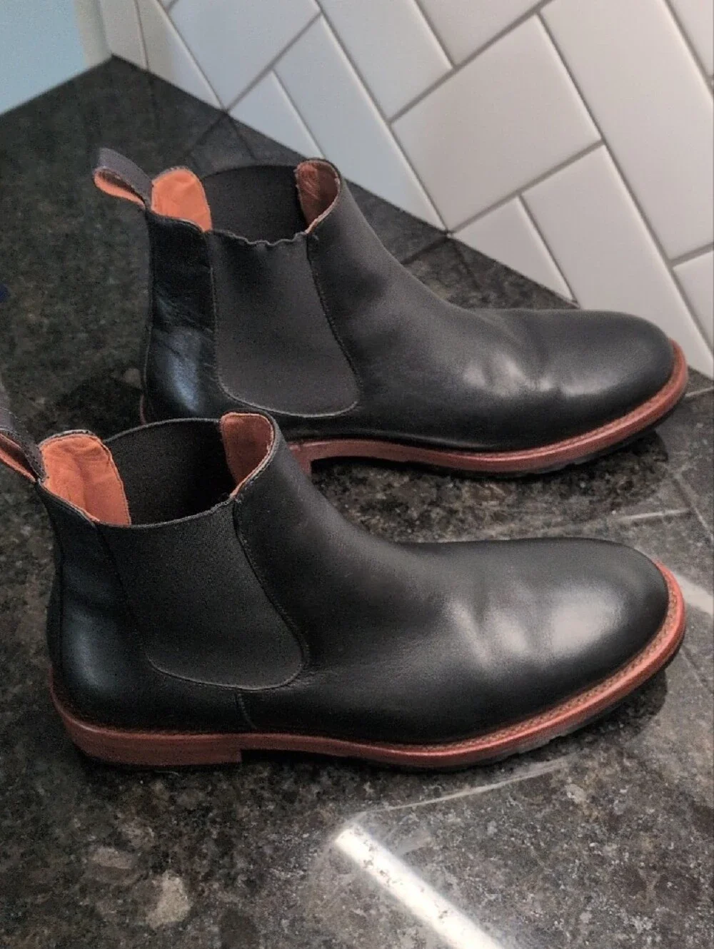 Men's Patina Portland Leather Black Leather Chelsea Boots with Brown Welt